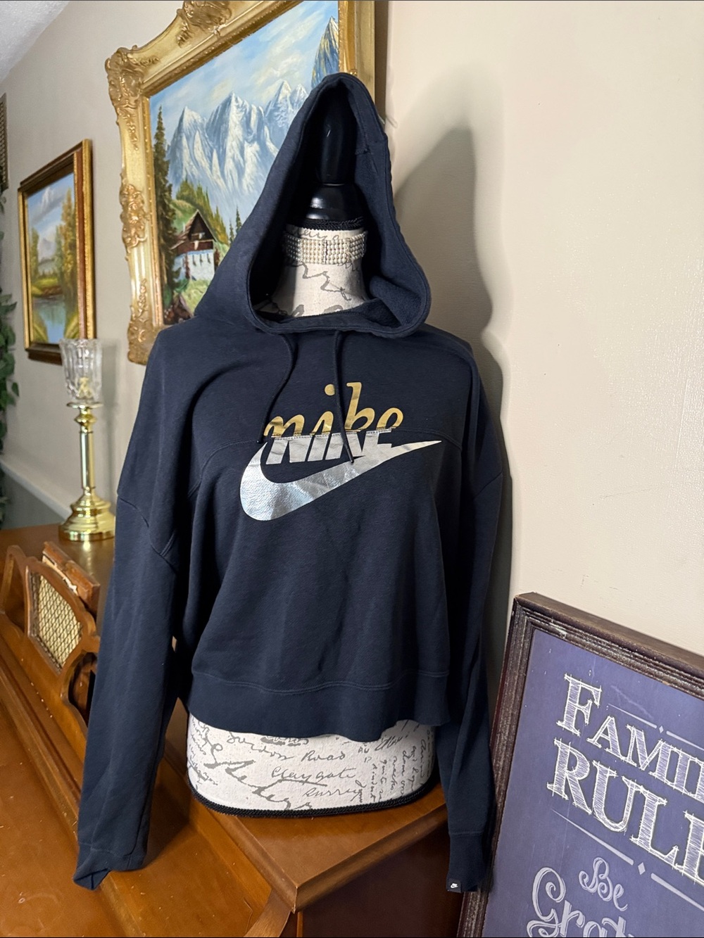 Nike Black & Metallic Gold/Silver Logo Graphic Pullover Hoodie - Size XL - Picture 3 of 4